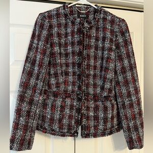 DKNY Red Black White Tweed Collarless Preppy Office Blazer Jacket Women’s Size 6